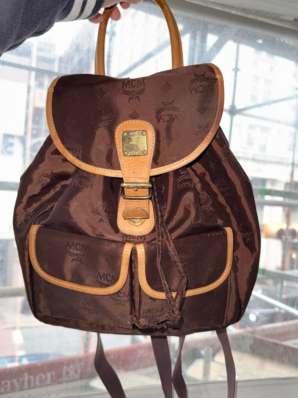 MCM Brown Nylon Backpack with Tan Leather Accents and Gold Hardware
